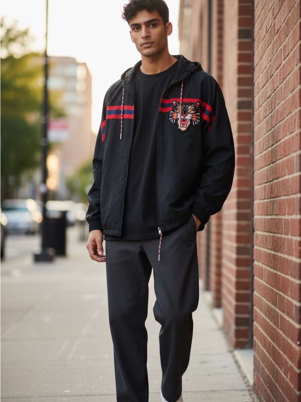 Gucci Black Hooded Jacket with Red Stripe & Embroidered Tiger SZ 48